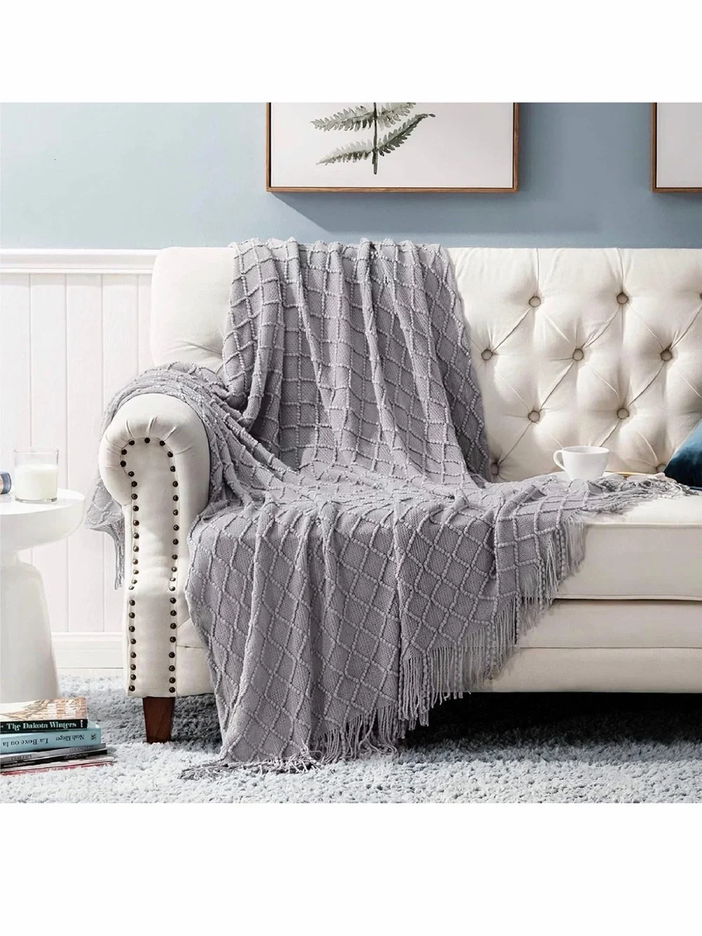 Cozy Gray Woven Fringe Throw Blanket